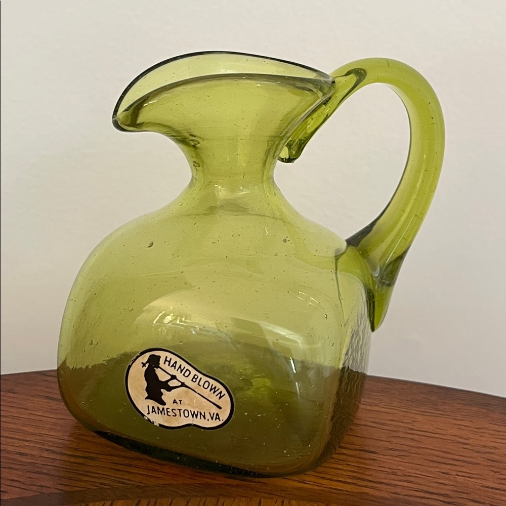 VTG Green Hand Blown Glass Small Pitcher Vase Square Bottom from Jamestown,VA